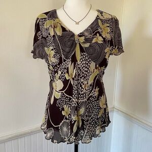 Starina - Brown White Yellow Floral V Neck Short Sleeve Babydoll Top